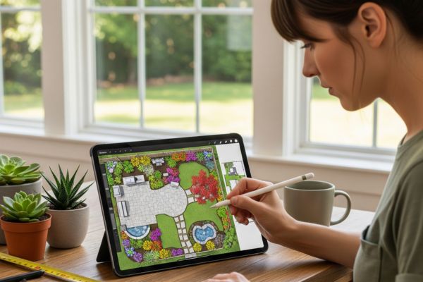 landscape designer working on a backyard landscape