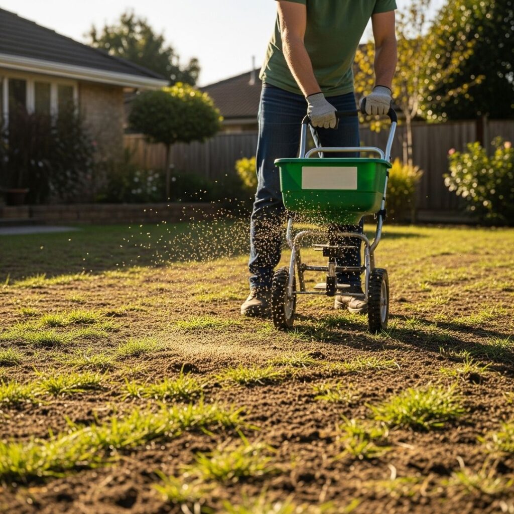 man seeding a lawn with dead grass