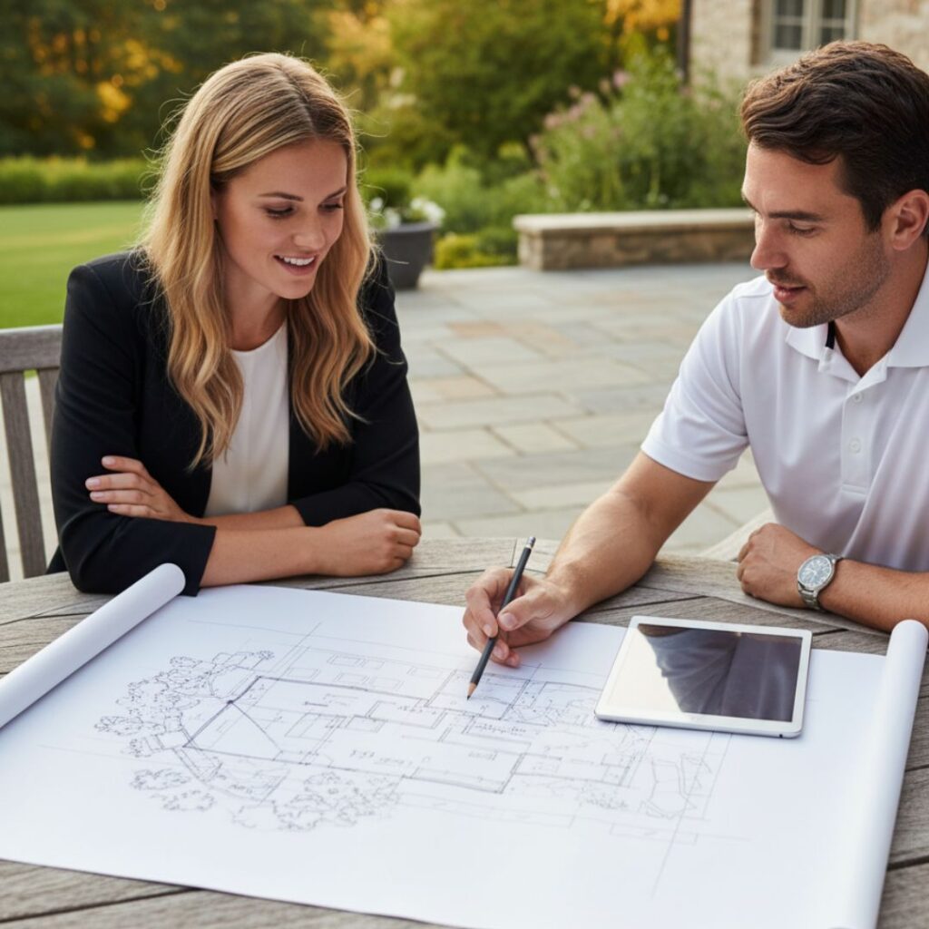 Landscape designer and client discussing sketches