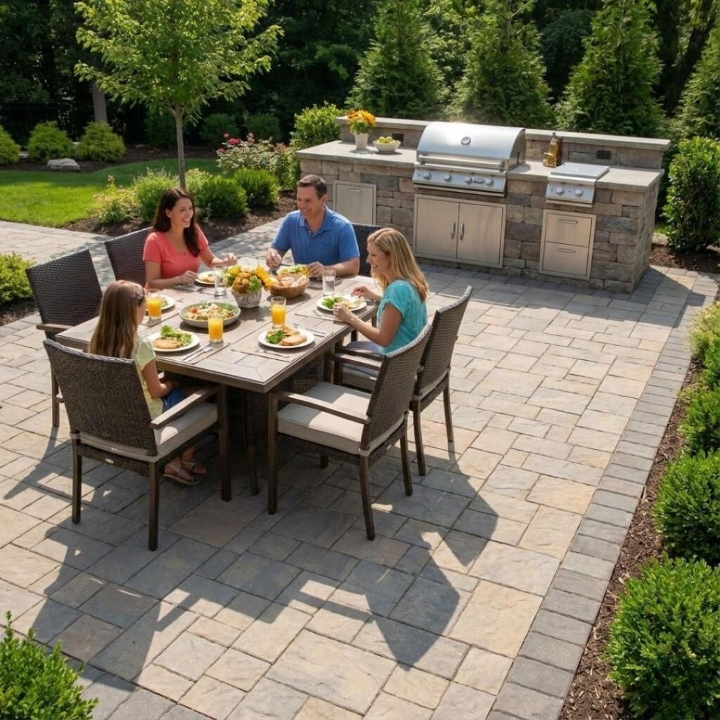 Family enjoying an outdoor dining patio.