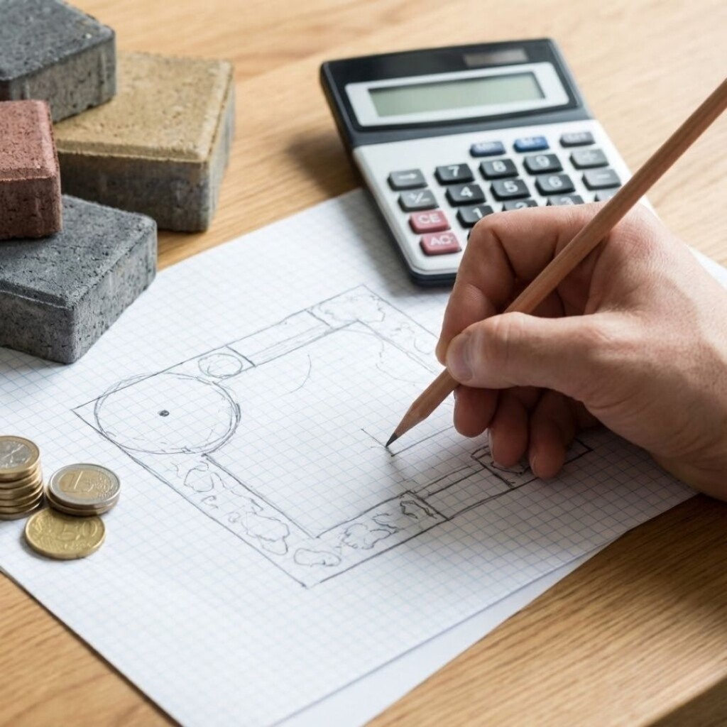Planning a landscaping budget with sketches and a calculator.