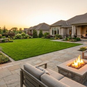 Luxury backyard landscape design featuring a stone patio, fire pit, and manicured lawn at sunset.