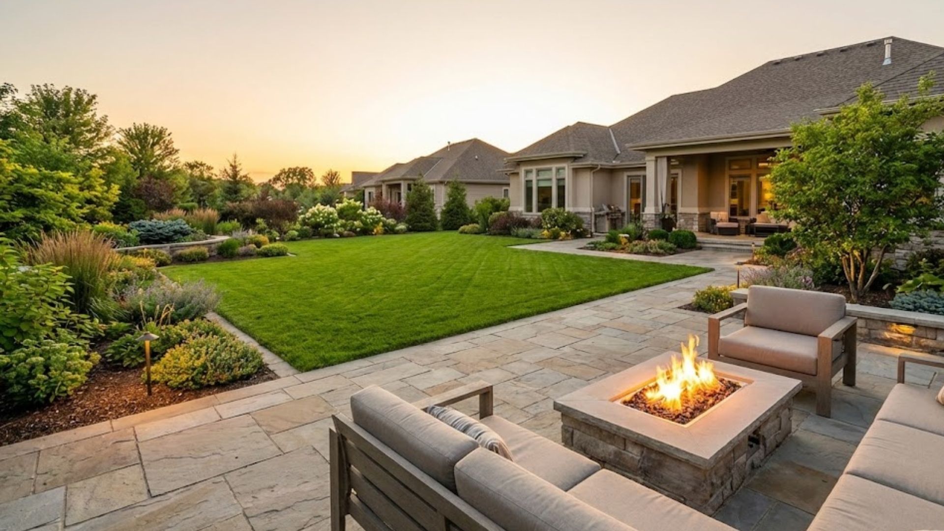Luxury backyard landscape design featuring a stone patio, fire pit, and manicured lawn at sunset.