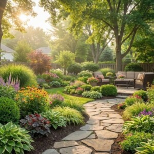 Beautifully designed residential garden with a stone pathway and diverse plants.