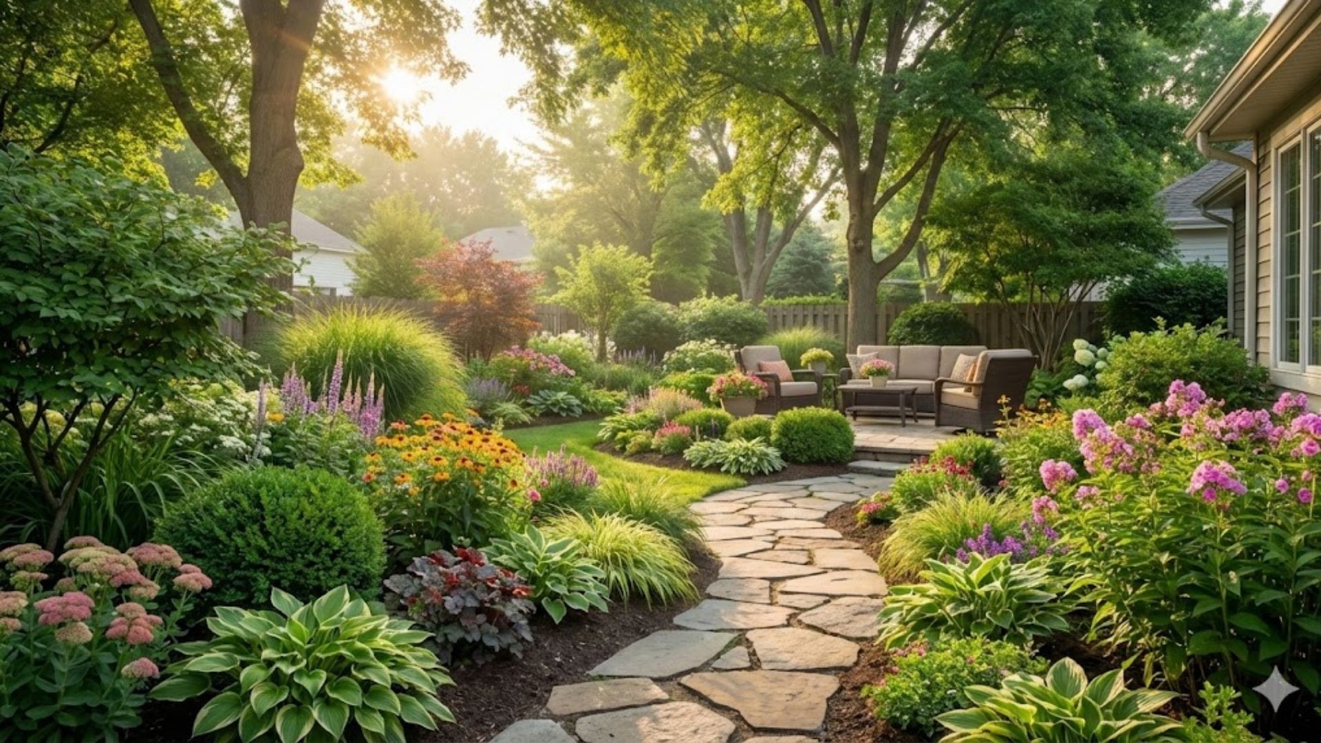 Beautifully designed residential garden with a stone pathway and diverse plants.