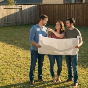 Homeowners holding blueprints planning a beginner-friendly landscaping project.