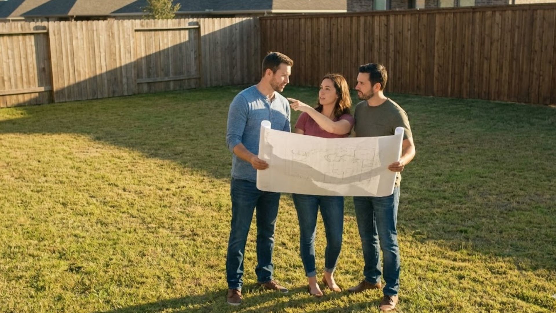 Homeowners holding blueprints planning a beginner-friendly landscaping project.