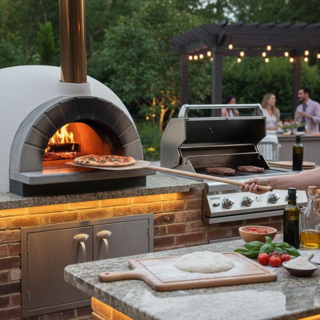 a traditional wood-fired pizza oven with a fresh pizza being pulled out on a wooden peel.