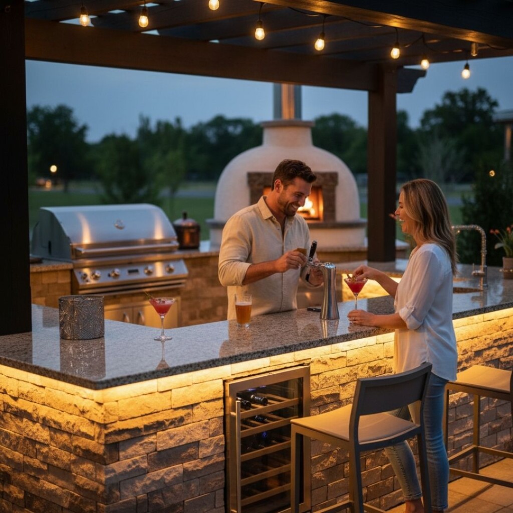 a man and woman enjoying craft drinks at a custom-built outdoor bar featuring a built-in kegerator and wine cooler.