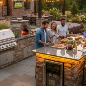 a group of friends gathering around a large, professional-grade stone outdoor kitchen with a built-in pizza oven and grill at dusk.