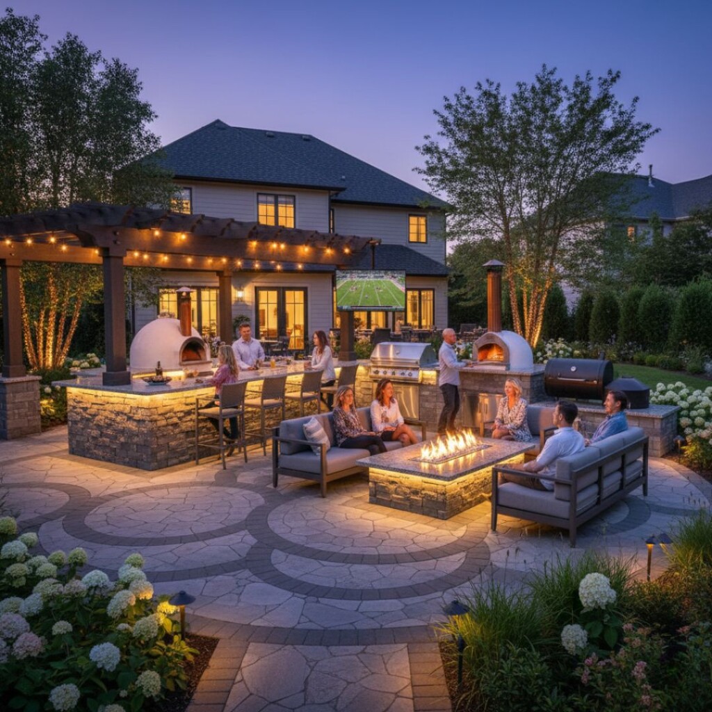 a complete backyard entertainment complex featuring a lit outdoor kitchen, lounge seating around a fire table, and an outdoor television for watch parties.