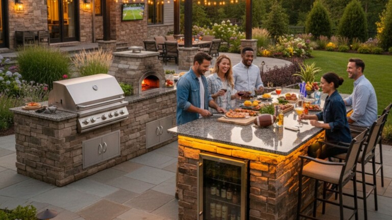 a group of friends gathering around a large, professional-grade stone outdoor kitchen with a built-in pizza oven and grill at dusk.