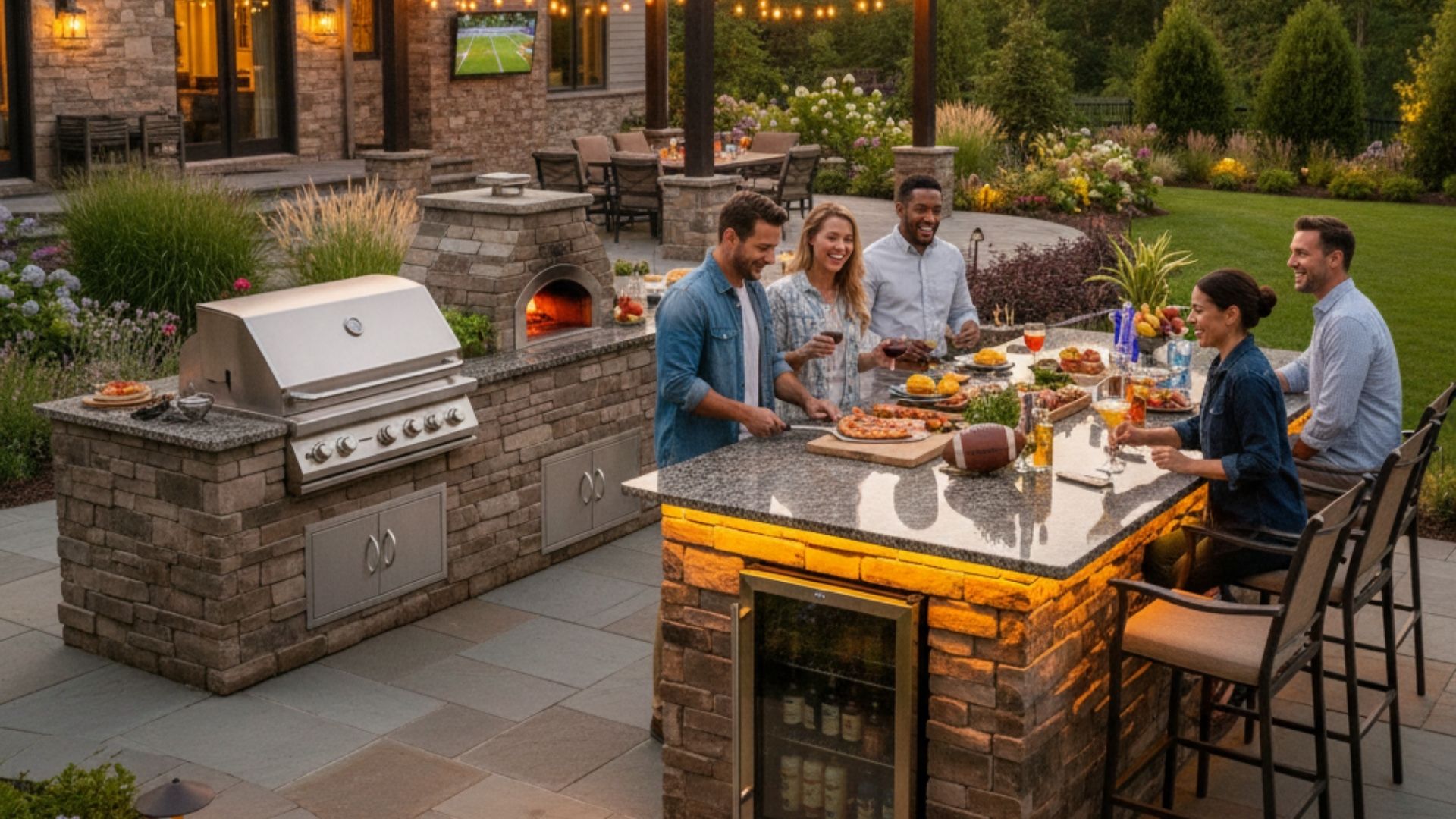 a group of friends gathering around a large, professional-grade stone outdoor kitchen with a built-in pizza oven and grill at dusk.