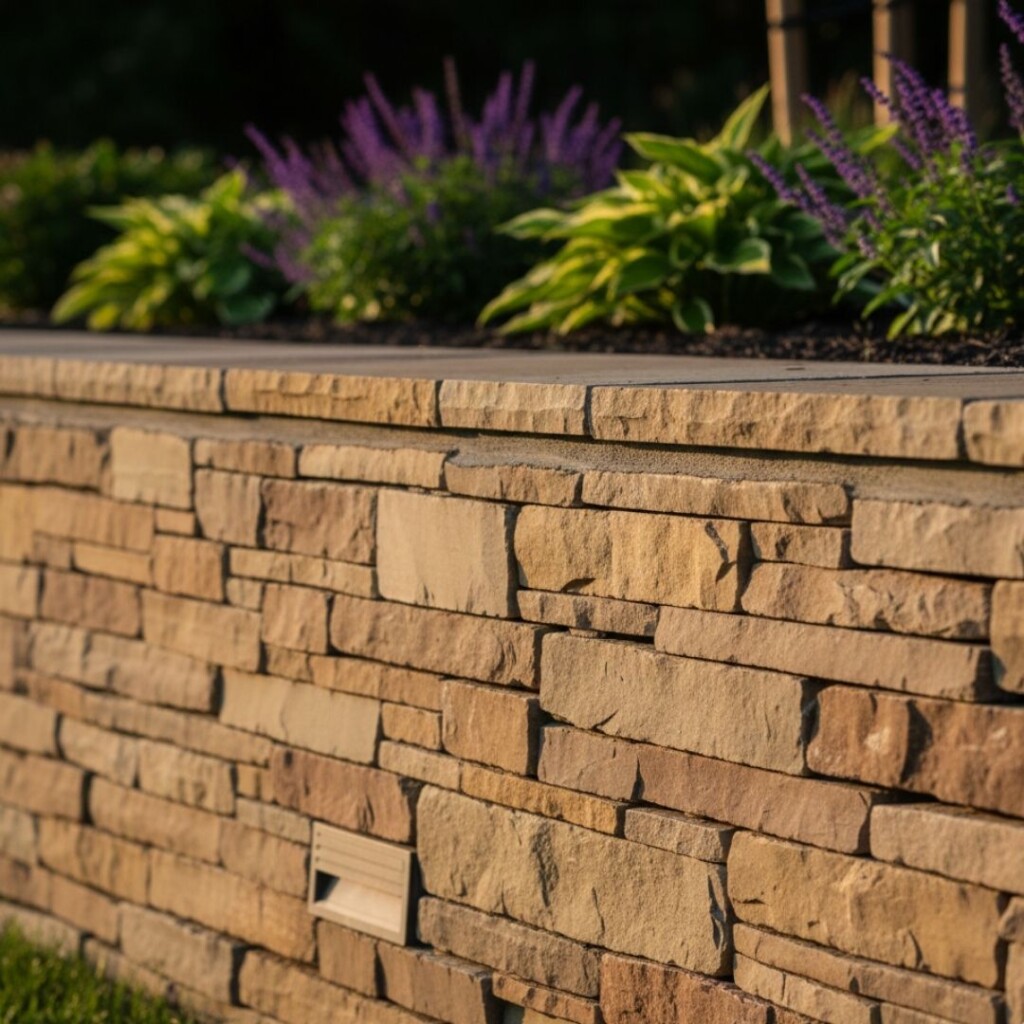 A professional close-up of a high-quality, stacked-stone retaining wall, highlighting the intricate texture, natural color variations, and expert craftsmanship of the stonework.