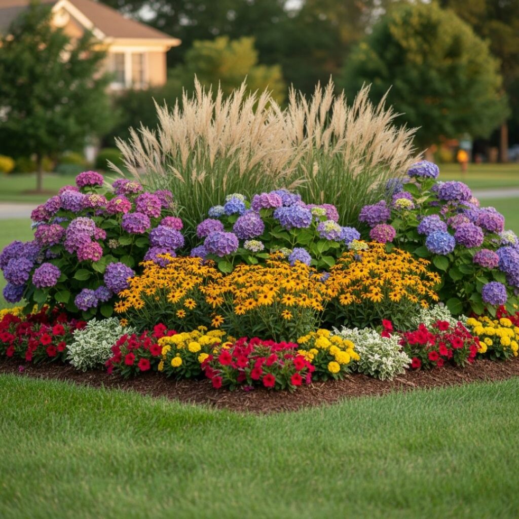 professionally designed garden bed featuring a tall center of ornamental grasses surrounded by purple hydrangeas and bright yellow black-eyed Susans.