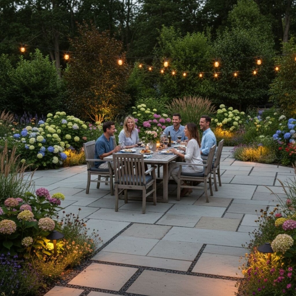 group of friends enjoying an evening meal at an outdoor dining table on a large stone patio, surrounded by glowing landscape lighting and soft perimeter plantings.