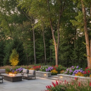 a luxury backyard in Lake Zurich, showcasing a modern stone patio with a built-in fire table seamlessly transitioning into lush garden beds and mature trees.
