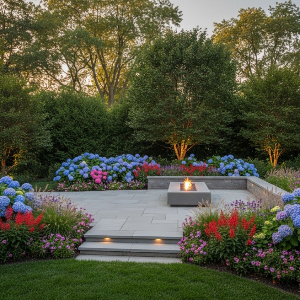 he perfect balance between a clean, gray stone patio and vibrant, tiered softscape layers including red salvia and blue hydrangeas.