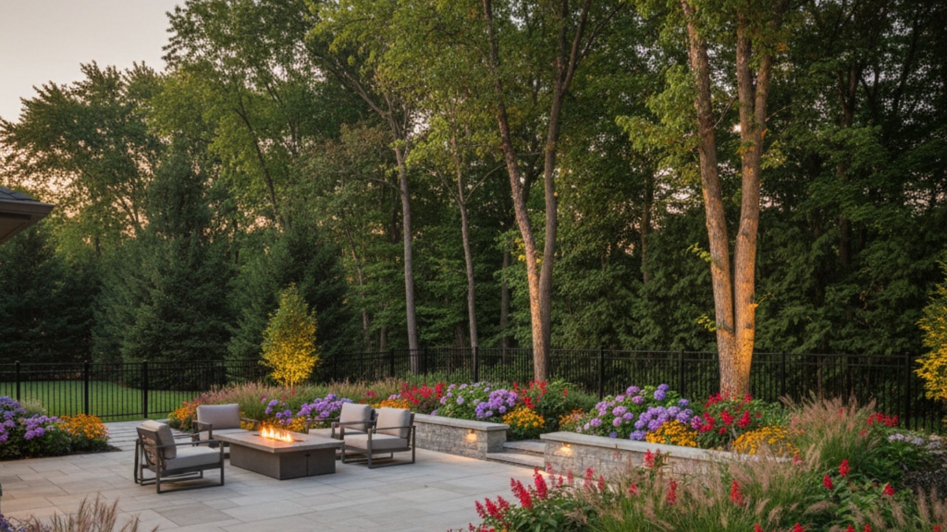 a luxury backyard in Lake Zurich, showcasing a modern stone patio with a built-in fire table seamlessly transitioning into lush garden beds and mature trees.