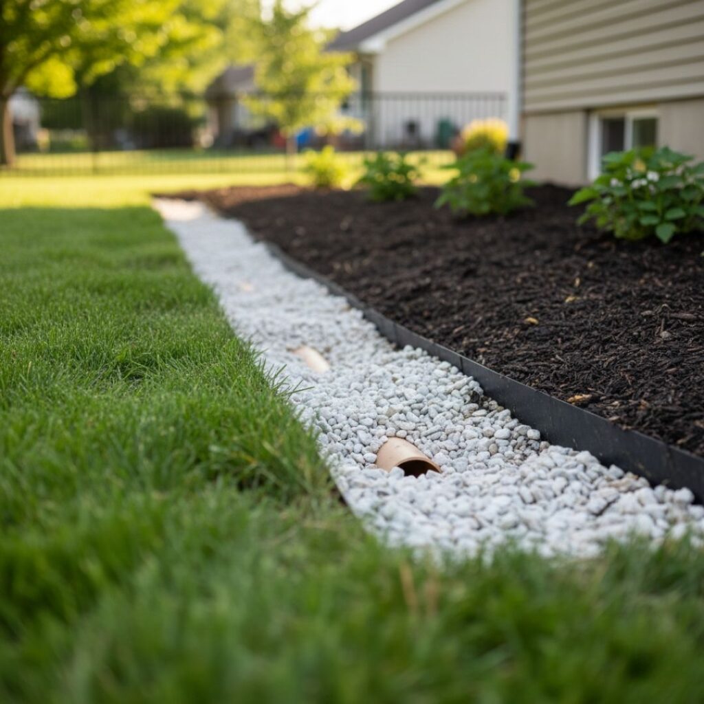 a professional drainage solution with a French drain pipe nestled in white river rock along a garden edge.