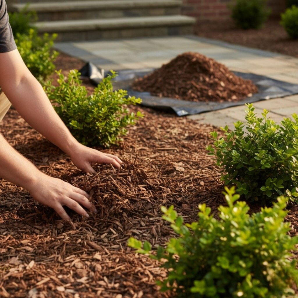 hands spreading fresh brown wood mulch around young green shrubs to improve garden health and curb appeal.