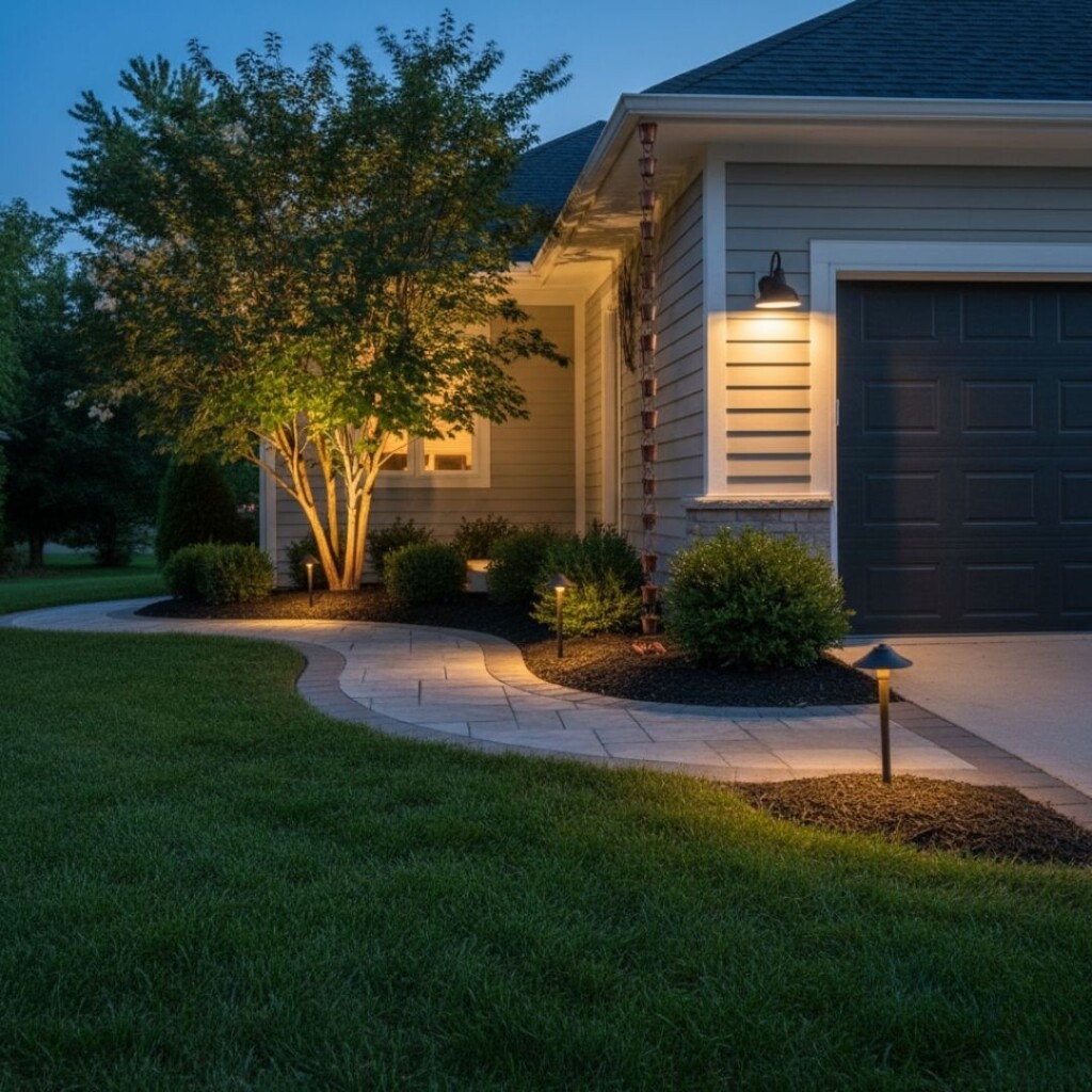 a residential walkway illuminated by warm, professional landscape lighting nestled among foundation plantings.