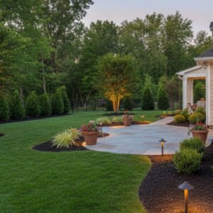 a residential backyard at dusk featuring a stone walkway, glowing landscape lighting, and clean, dark-mulched garden beds.