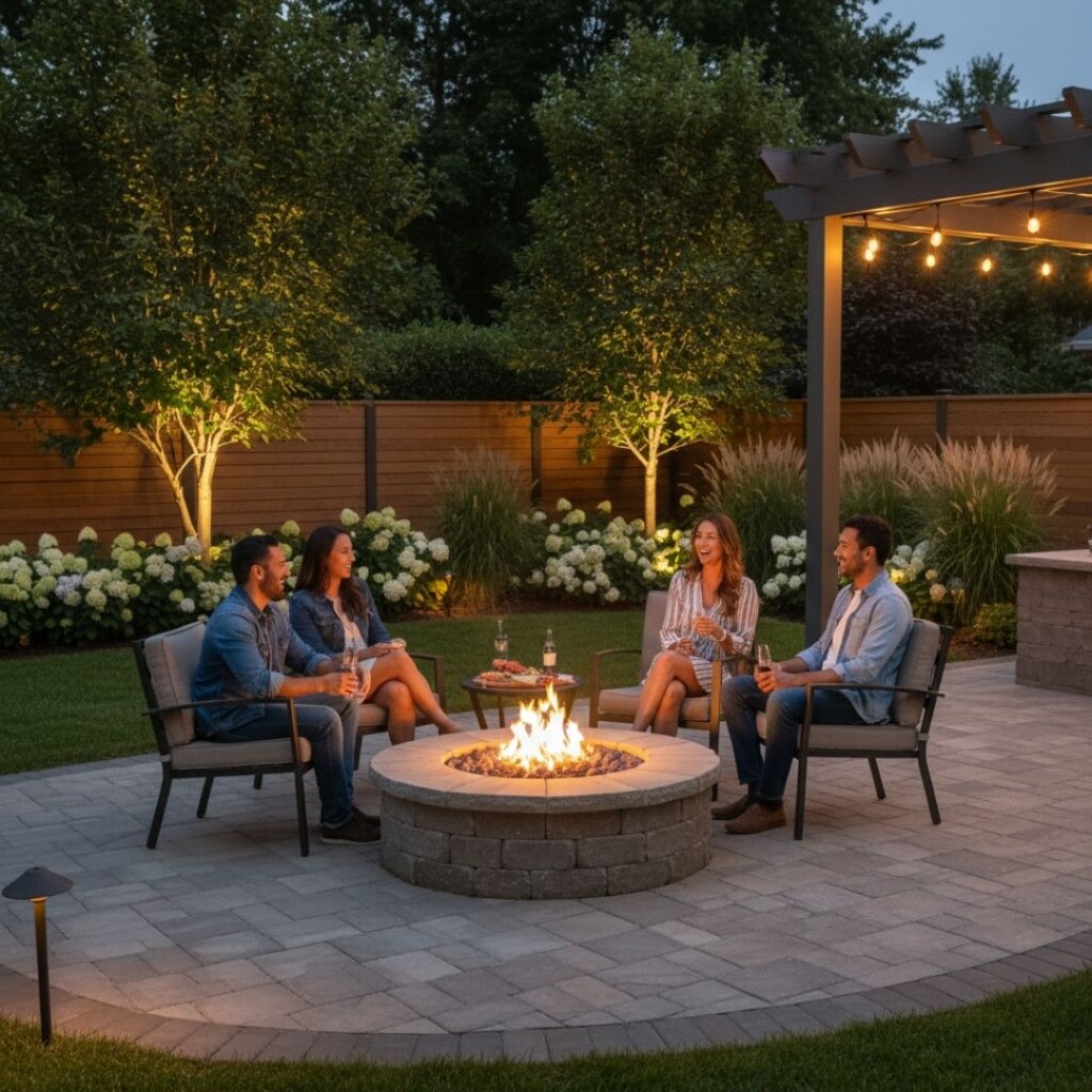 lifestyle photo of four people sitting around a stone fire pit on a paved patio, enjoying a clear evening outdoors.