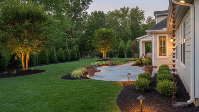 a residential backyard at dusk featuring a stone walkway, glowing landscape lighting, and clean, dark-mulched garden beds.