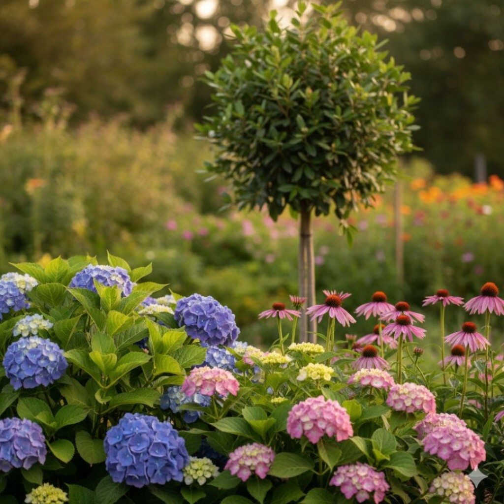 A close-up square shot of vibrant pink, yellow, and blue flowers in a garden bed, illustrating the planting third of the Rule of Thirds.