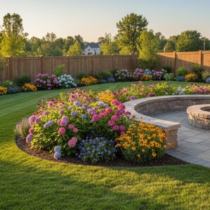 a professionally designed backyard with a balanced 16:9 composition of a lush lawn, colorful flower beds, and a stone patio with a fire pit.