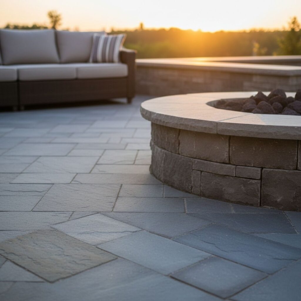 A detailed square view of a natural stone patio and a circular stone fire pit, representing the hardscape third of the design principle.
