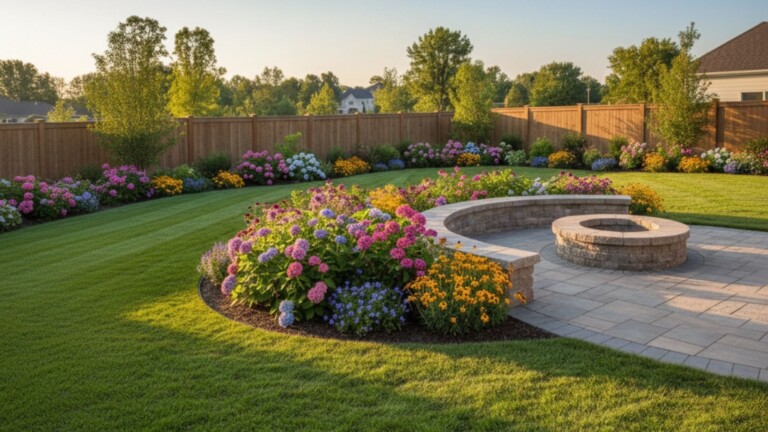 a professionally designed backyard with a balanced 16:9 composition of a lush lawn, colorful flower beds, and a stone patio with a fire pit.