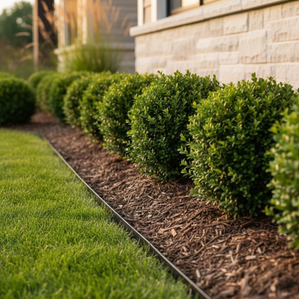 a neat row of spherical evergreen shrubs serving as a foundation layer, accented by clean mulch and a sharp metal landscape edge.