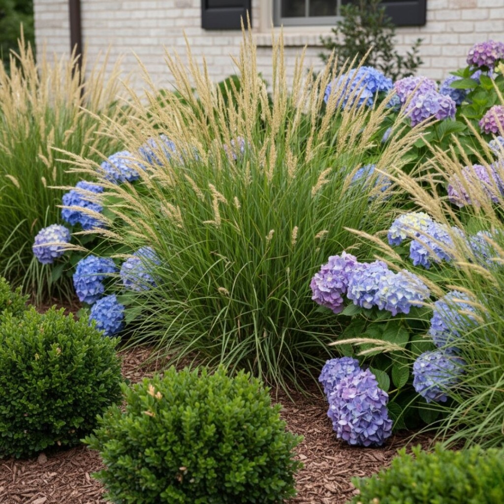 a mix of textured ornamental grasses and blooming purple hydrangeas.