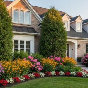 an outdoor living space at dusk, featuring a stone-paved fire pit area bordered by a low stone wall and a dense, colorful floral softscape.