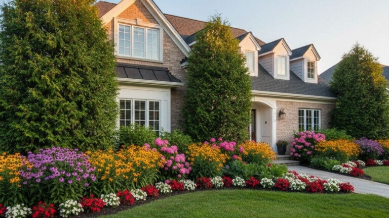 an outdoor living space at dusk, featuring a stone-paved fire pit area bordered by a low stone wall and a dense, colorful floral softscape.