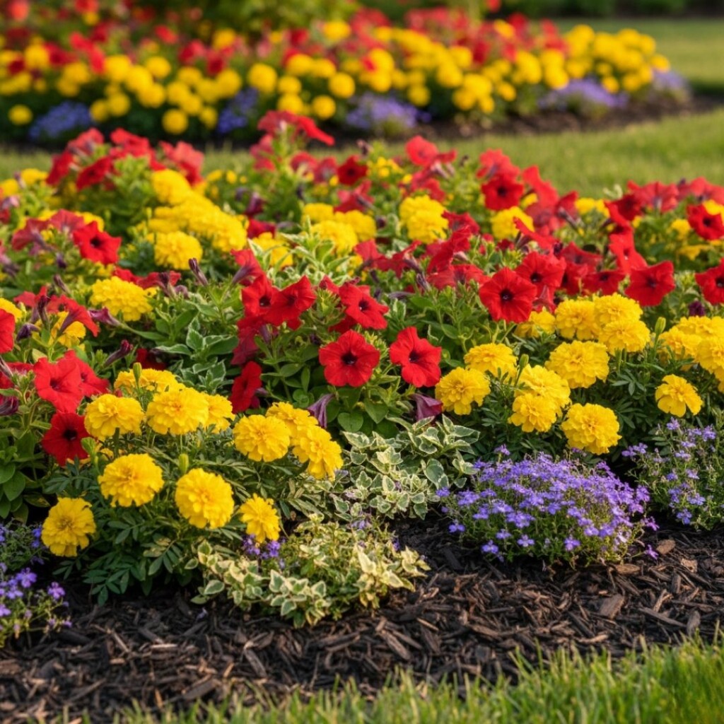 a colorful carpet of red petunias, yellow marigolds, and purple lobelia in a well-maintained garden bed.