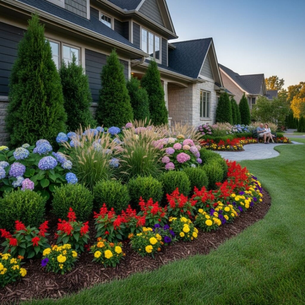 a suburban home with a fully realized 3-layer front yard, with a couple enjoying the view from a stone walkway bench in the background.
