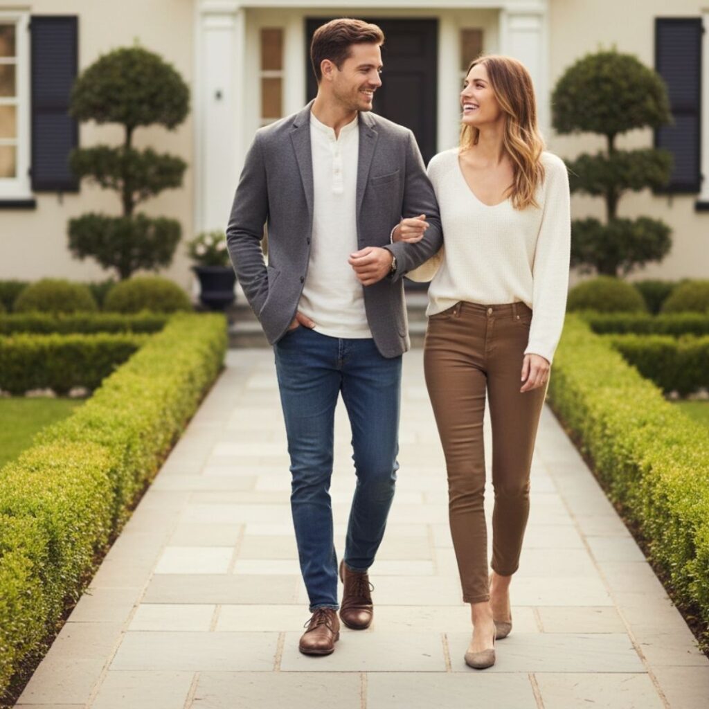 a smiling couple walking toward a home on a straight, modern stone path lined with manicured hedges.