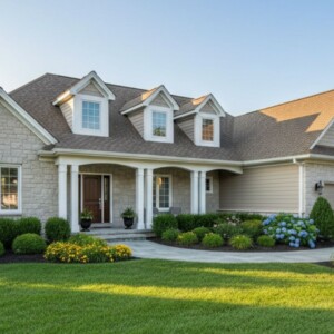 a stone-clad suburban home with high-end curb appeal, featuring manicured shrubs and a clean flagstone walkway.