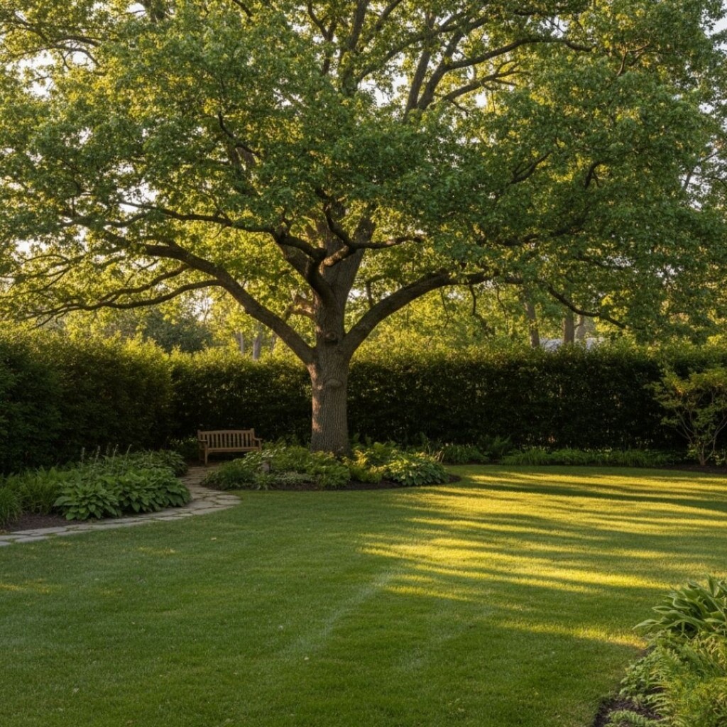 a mature, healthy oak tree providing shade and value to a wide, green residential lawn.