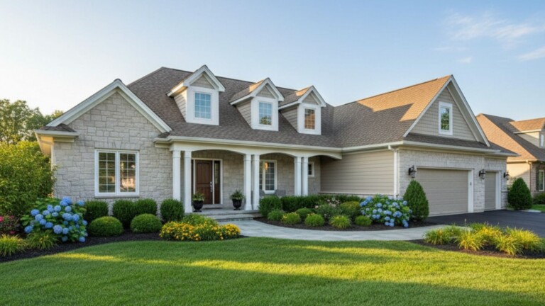 a stone-clad suburban home with high-end curb appeal, featuring manicured shrubs and a clean flagstone walkway.